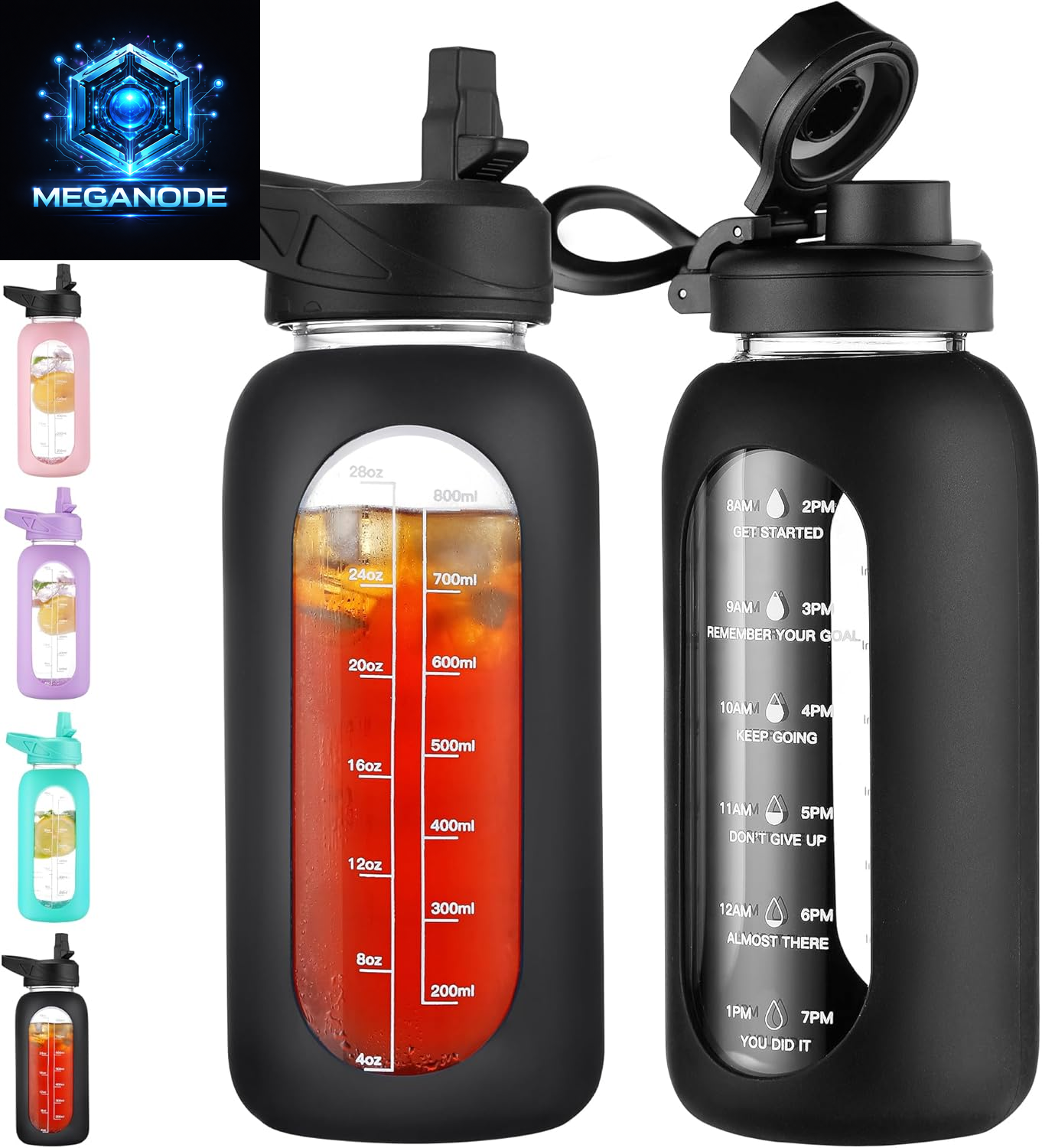 64 Oz Glass Motivational Water Bottle Jug with Straw and Handle