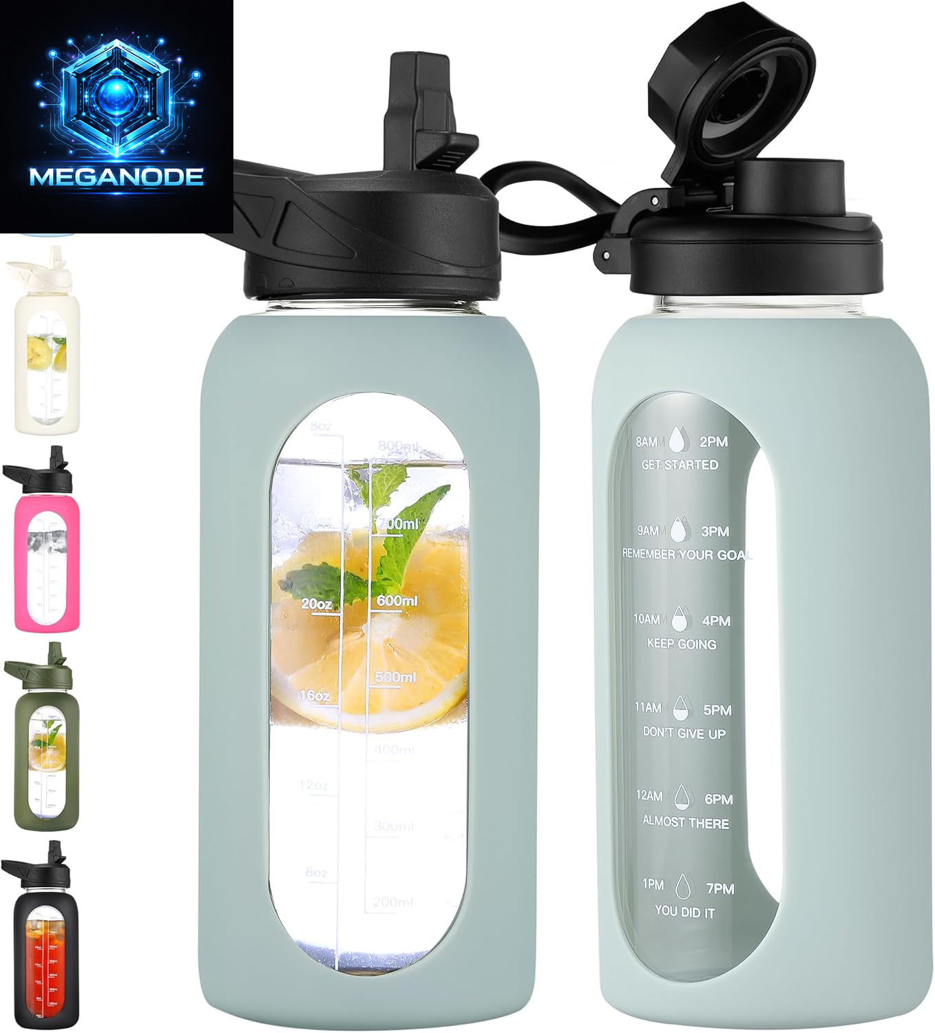 64 Oz Glass Motivational Water Bottle Jug with Straw and Handle