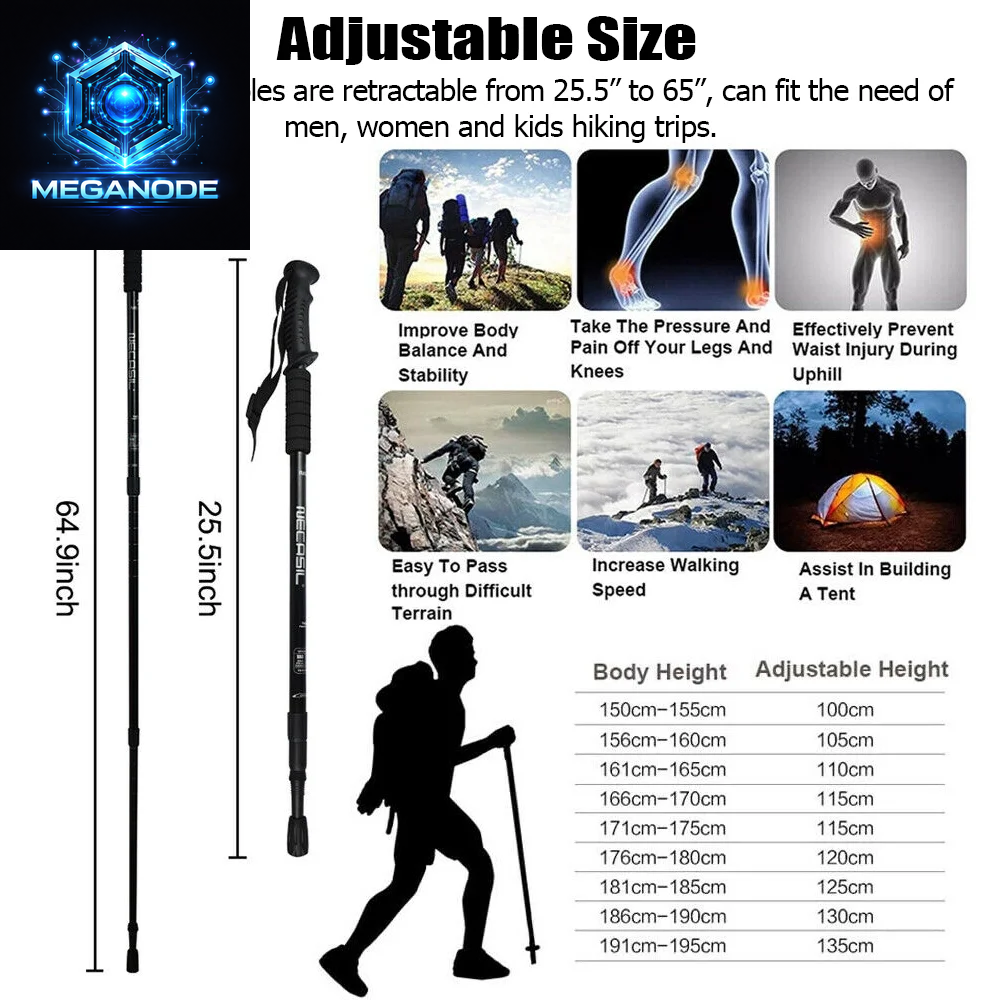 Pair 2 Trekking Walking Hiking Sticks Poles Quick Lock Adjustable Alpenstock 25.5" to 64.9" for All Heights, Durable & Lightweight Aluminum, Black