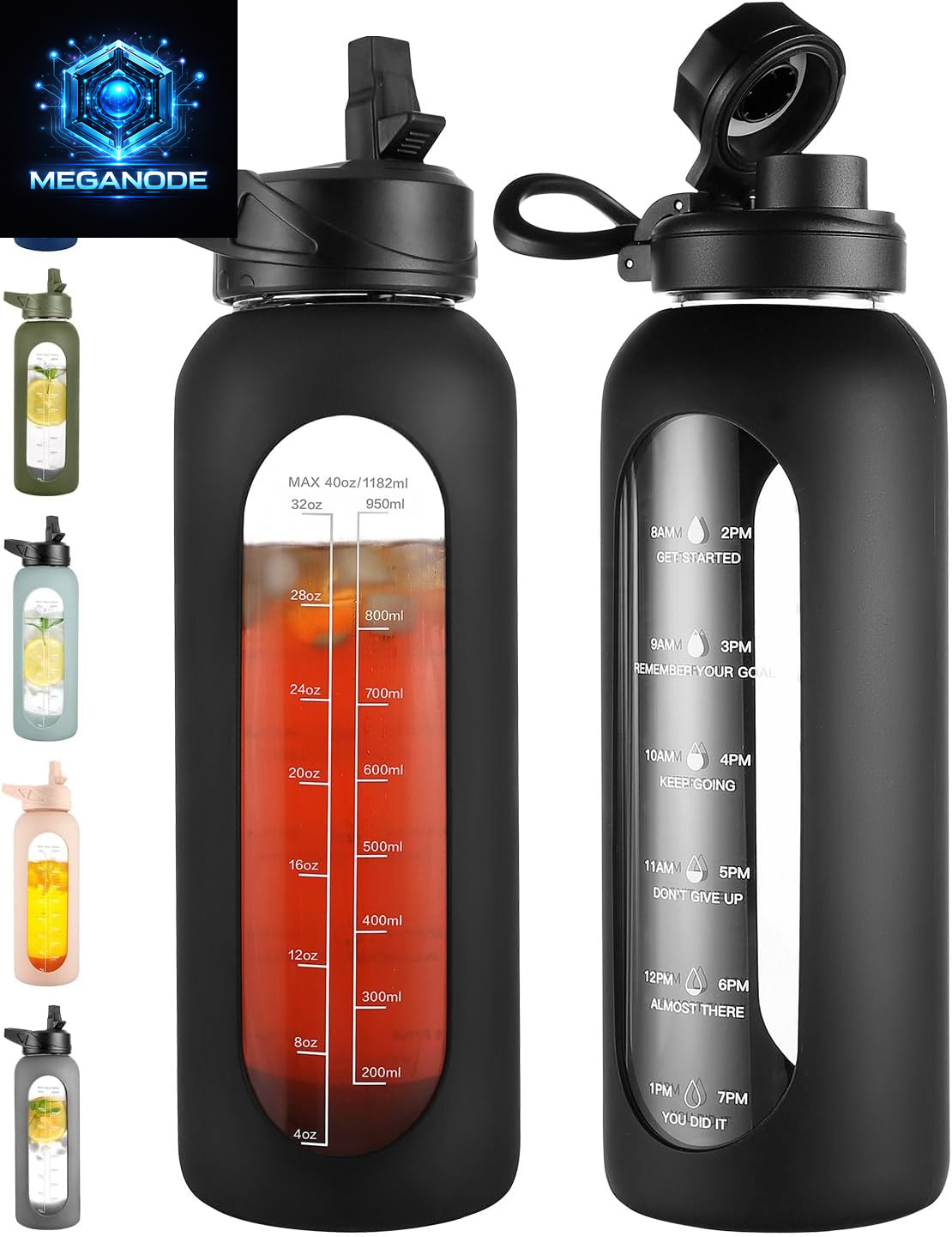 64 Oz Glass Motivational Water Bottle Jug with Straw and Handle