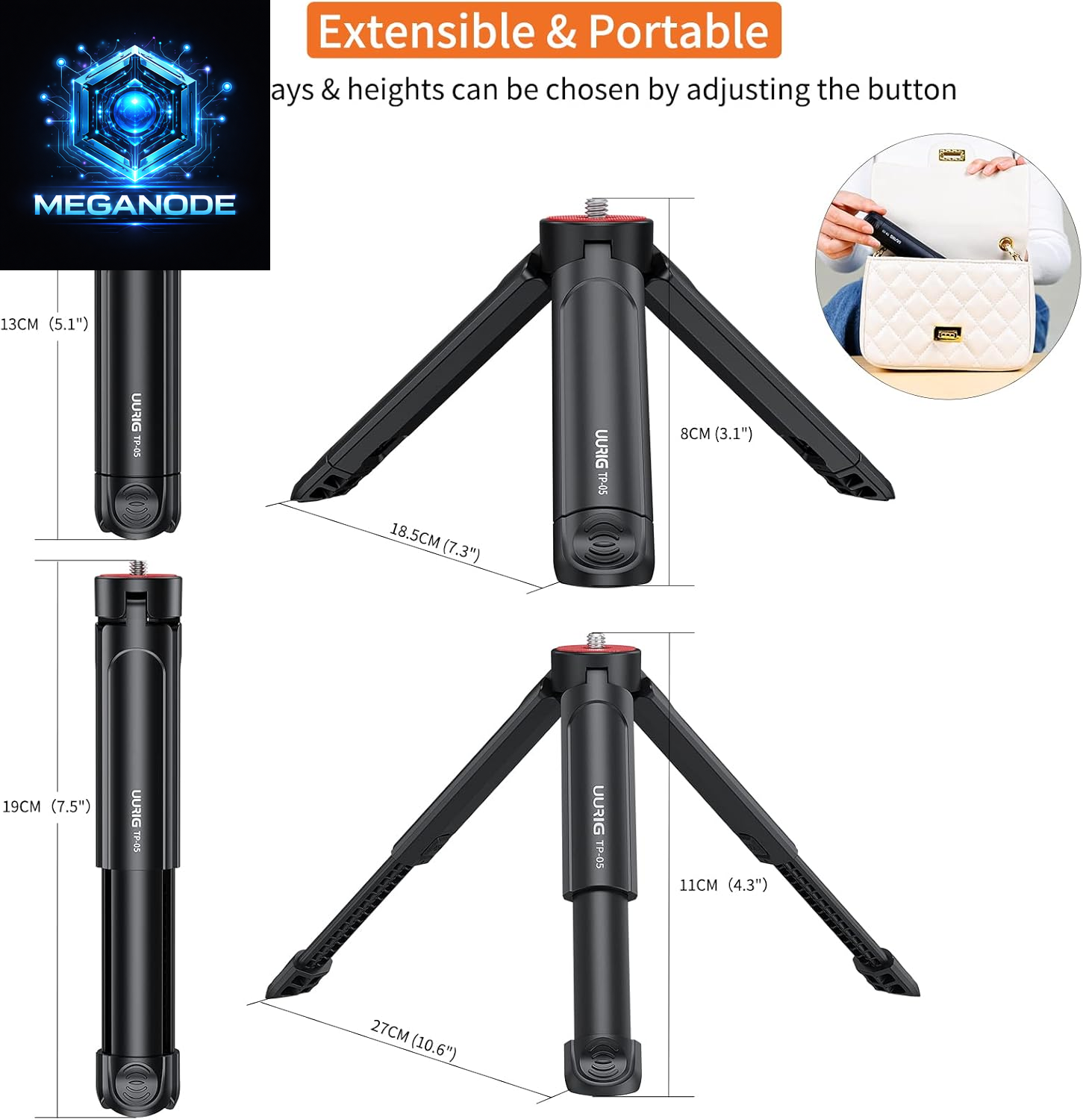 UURIG TP05 Extendable Mini Camera Tripod, Portable Selfie Stick Handle Grip 