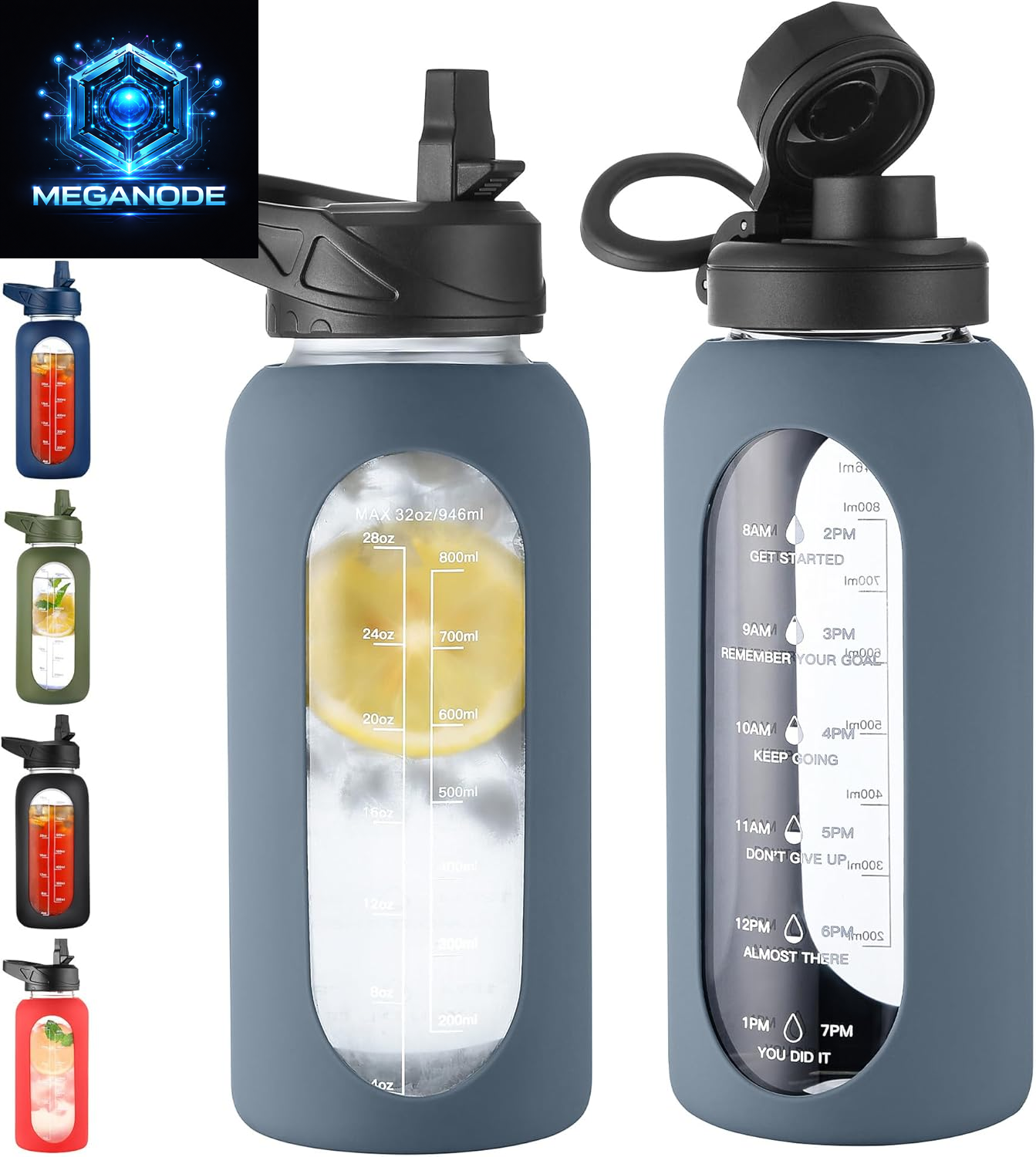 64 Oz Glass Motivational Water Bottle Jug with Straw and Handle