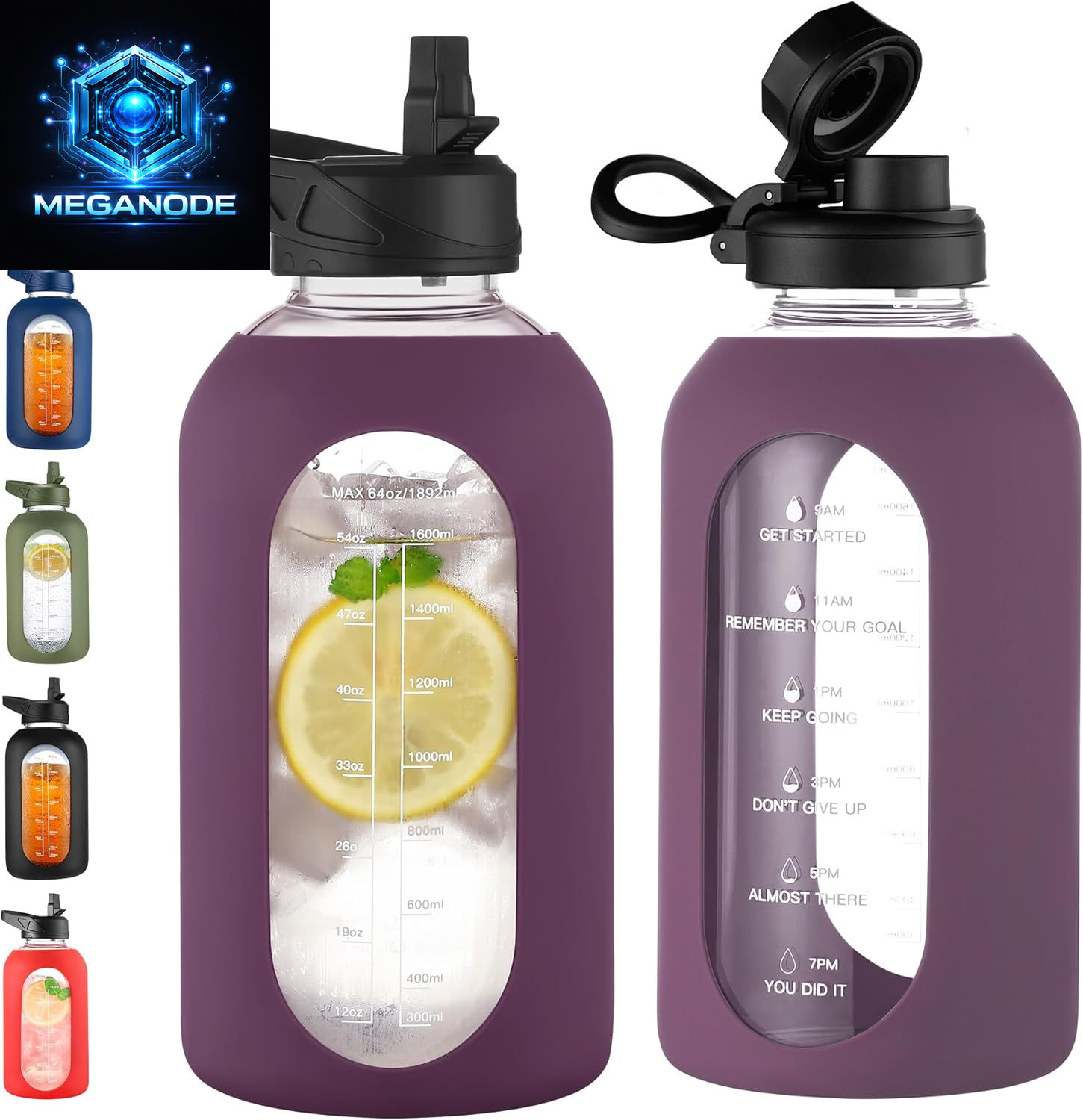 64 Oz Glass Motivational Water Bottle Jug with Straw and Handle