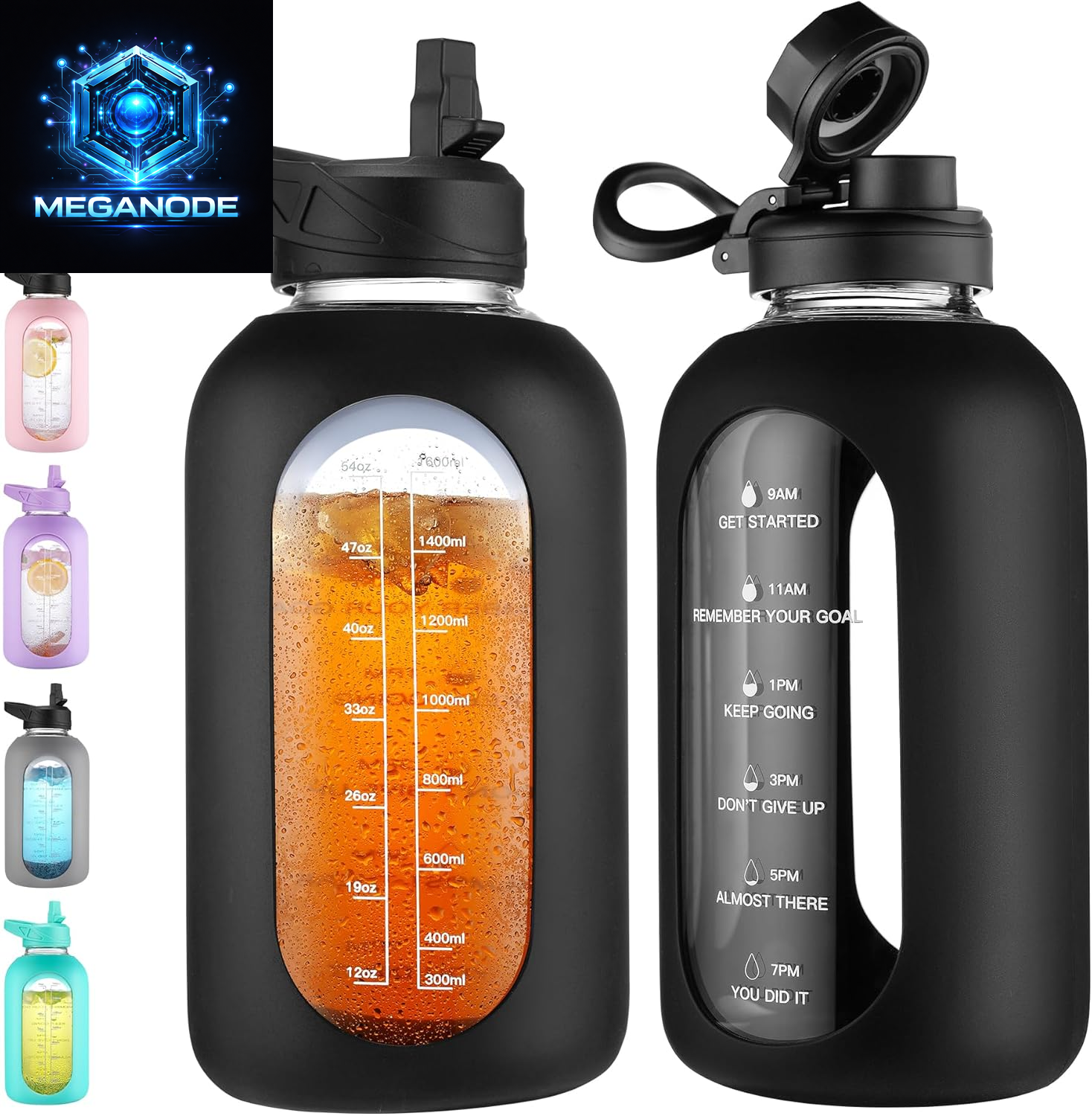 64 Oz Glass Motivational Water Bottle Jug with Straw and Handle
