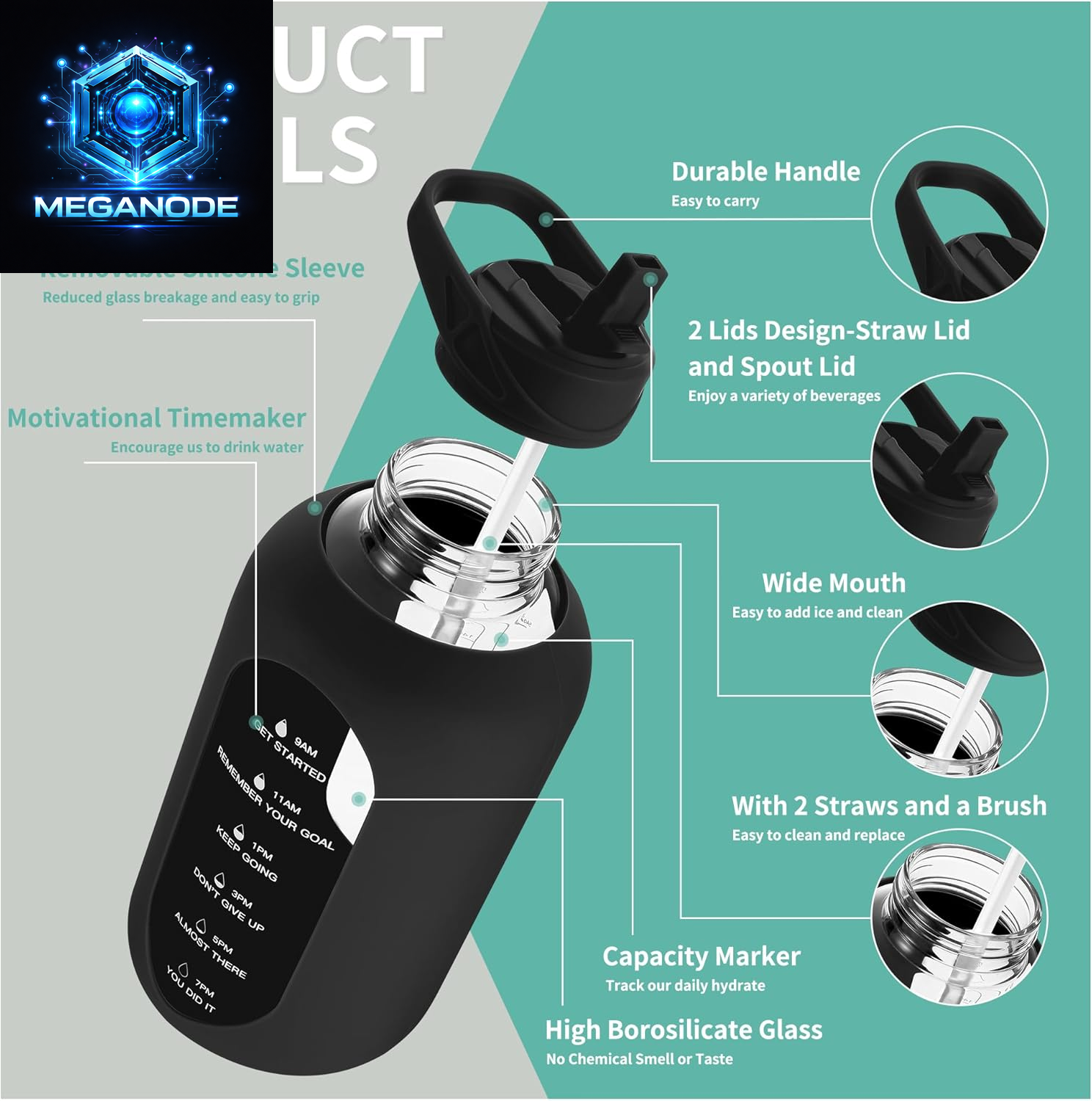 64 Oz Glass Motivational Water Bottle Jug with Straw and Handle