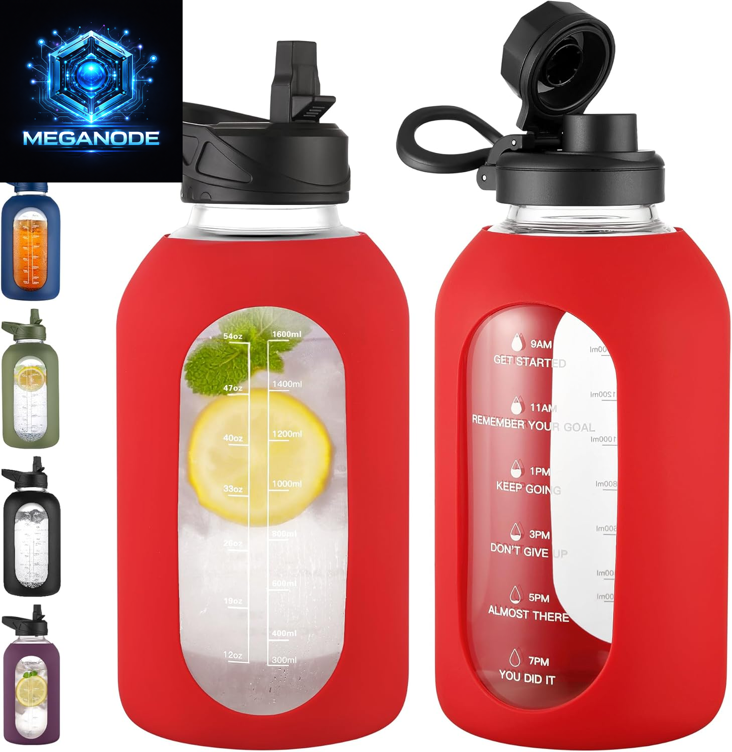 64 Oz Glass Motivational Water Bottle Jug with Straw and Handle