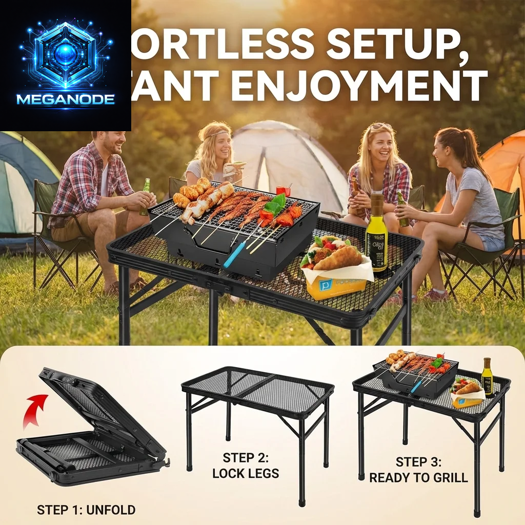 Lightweight Folding Grill Table with Mesh Desktop, Camping Table Folding Portable Camp Aluminum ,Picnic, Backyard, BBQ, Patio, Black